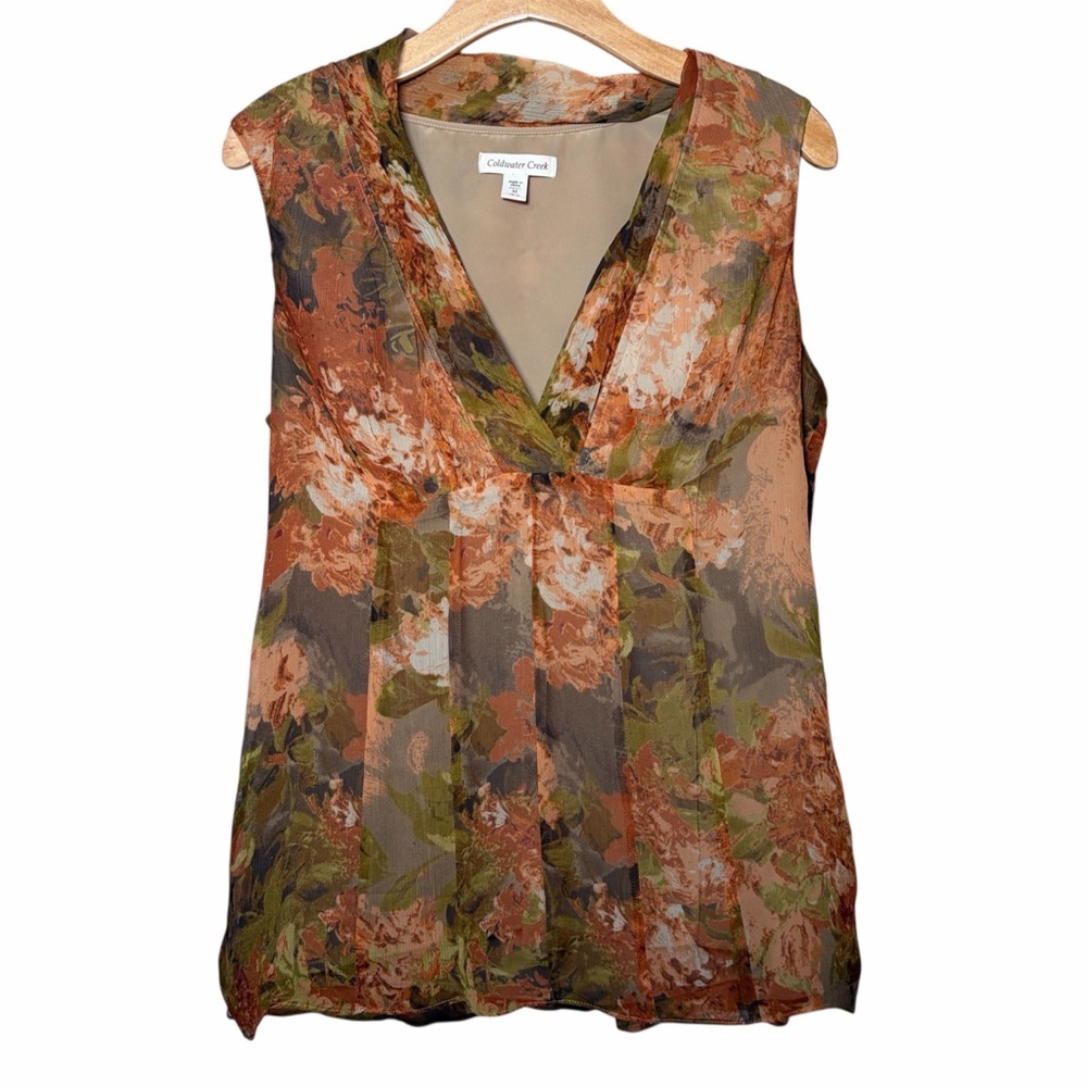 Coldwater Creek Silk Vneck Sleeveless Top Ethereal Brown & Orange Size Medium